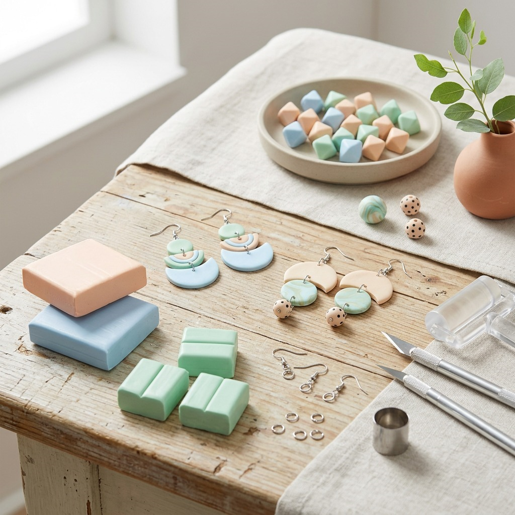 A detailed flat-lay lifestyle photograph of the handmade STAEDTLER FIMO pastel earrings, as shown on the earring kit packaging, displayed on a textured light oak wood surface with crafting tools, raw pastel FIMO clay blocks, and earring findings.