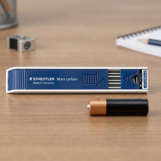 Staedtler lead case shown next to an AA battery for scale on a desk.
