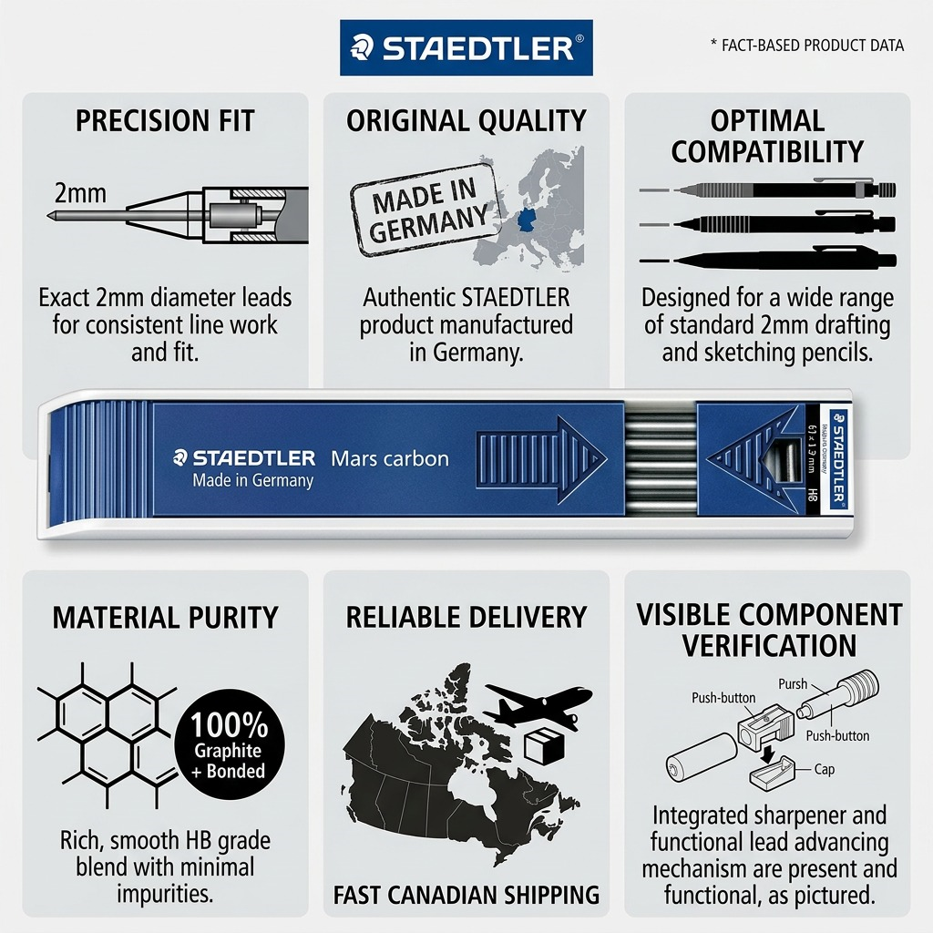 Infographic matrix highlighting the reliability, features, and Canadian shipping for the STAEDTLER 2mm HB leads.