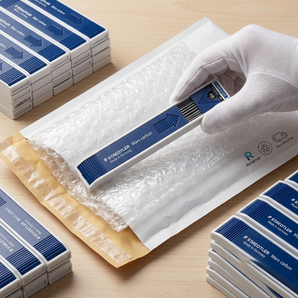 A detailed flat lay of the STAEDTLER lead tube unboxing from a secured, labeled bubble mailer.