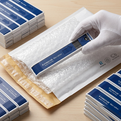 A detailed flat lay of the STAEDTLER lead tube unboxing from a secured, labeled bubble mailer.