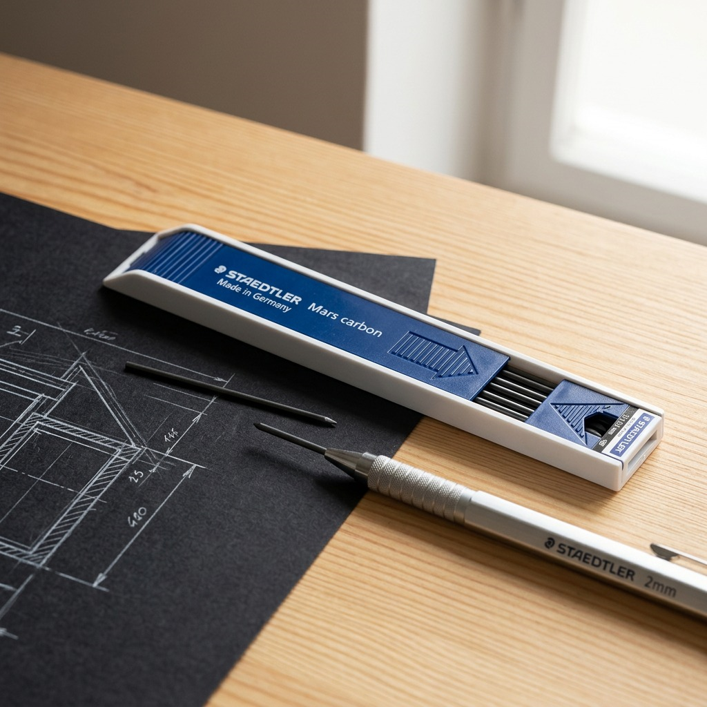 A micro-macro photograph on a pine architect desk shows the STAEDTLER Mars Carbon 2mm 200-HB-03 lead holder (as seen in image_0.png) with its sliding dispenser partially open and a few individual leads, one partially held by a Staedtler mechanical pencil, alongside a technical drawing and other office supplies under natural light.