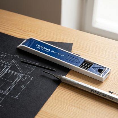 A micro-macro photograph on a pine architect desk shows the STAEDTLER Mars Carbon 2mm 200-HB-03 lead holder (as seen in image_0.png) with its sliding dispenser partially open and a few individual leads, one partially held by a Staedtler mechanical pencil, alongside a technical drawing and other office supplies under natural light.