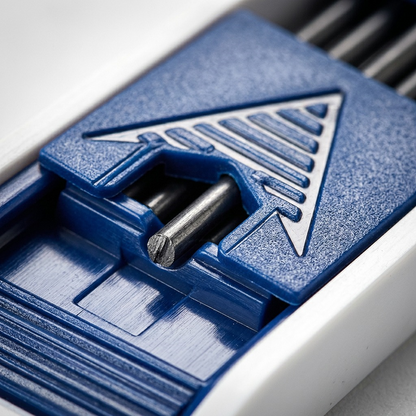 Extreme close-up of a Staedtler mechanical lead dispenser, showing a single 2.0mm HB lead being precision-fed.