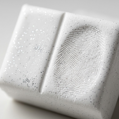 Extreme macro detail of white oven-bake clay with dense glitter and mica shimmer effects.