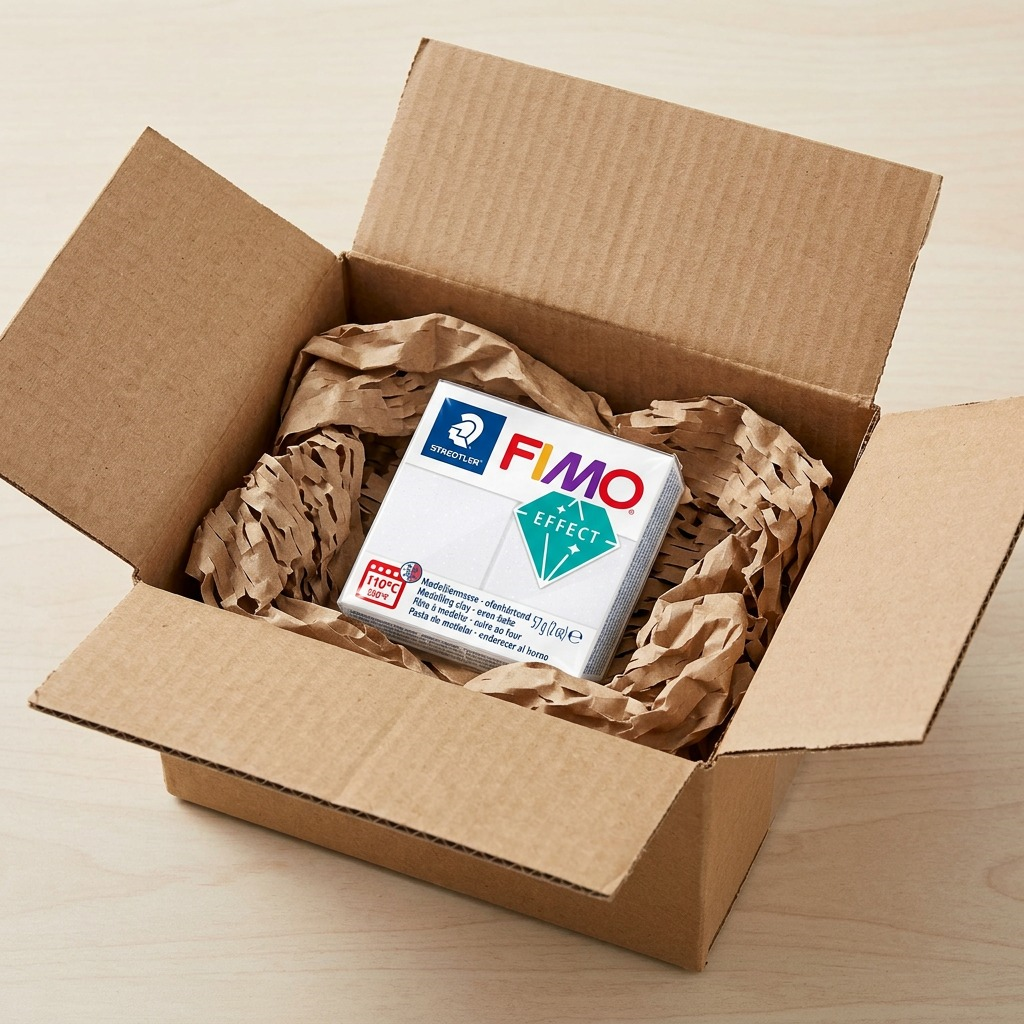 Scene of an open box showing Fimo Effect clay protected by paper padding, emphasizing safe shipping.