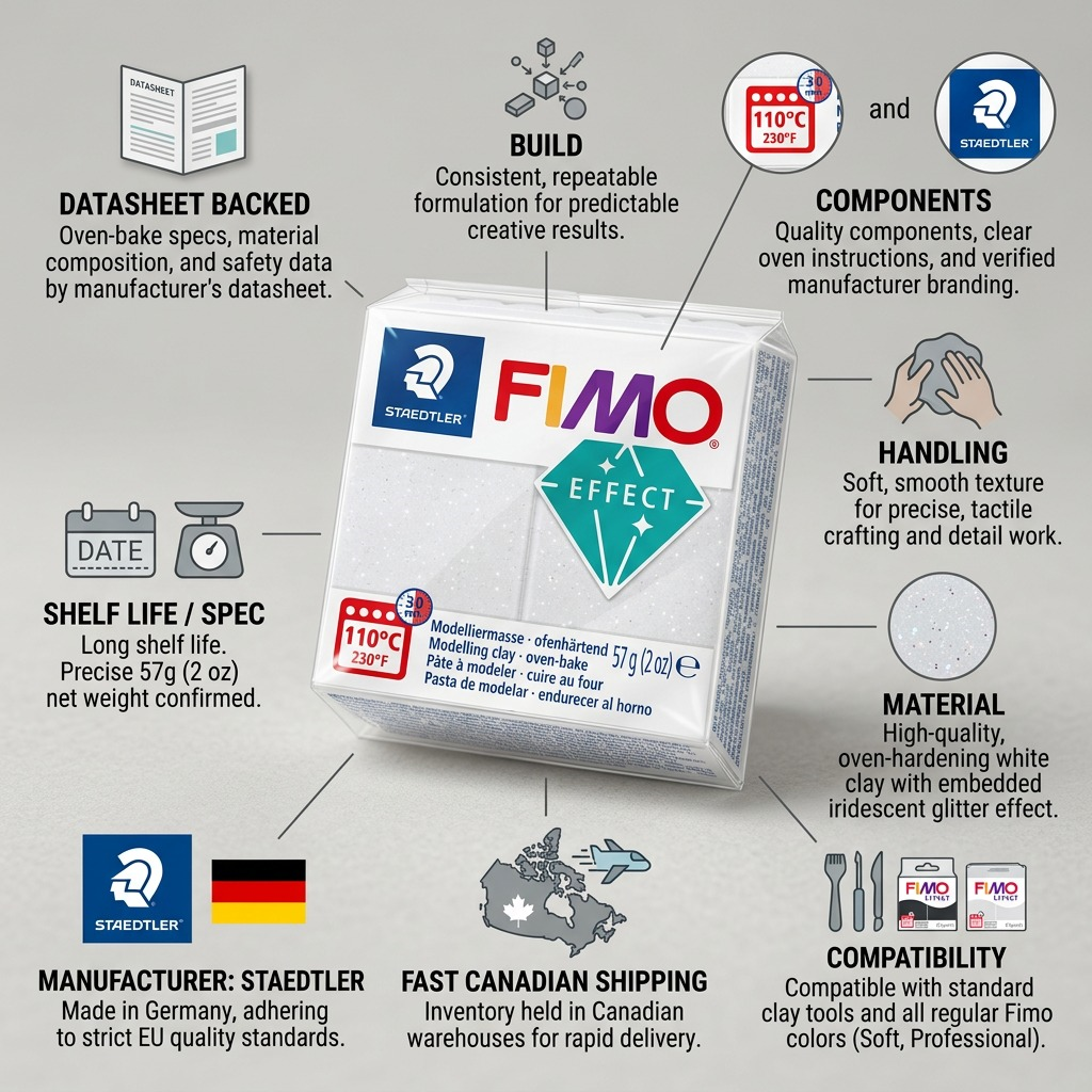 An infographic for STAEDTLER Fimo Effect Galaxy White. Small product photo surrounded by trust icons. Captions include precise weight (57g), oven-bake details, safe handling information, and fast Canadian shipping. Clean ecommerce design.