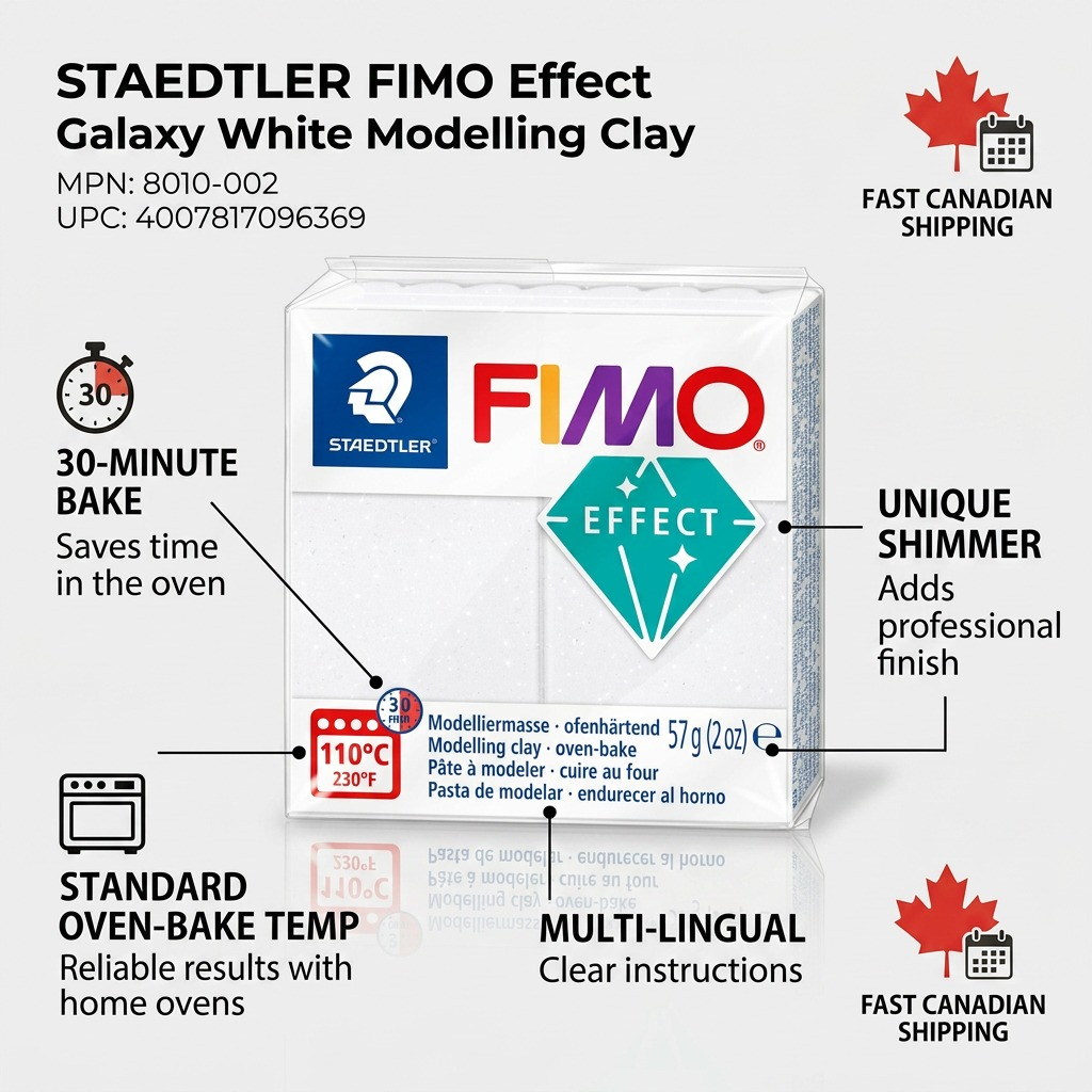 Feature callout graphic highlighting key benefits of STAEDTLER Fimo Effect Galaxy White clay.