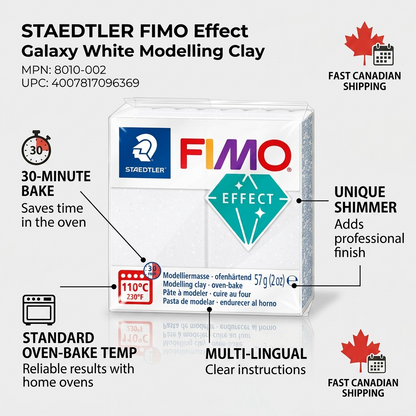 Feature callout graphic highlighting key benefits of STAEDTLER Fimo Effect Galaxy White clay.