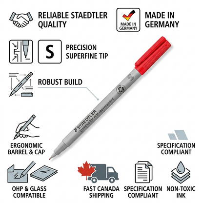 Trust and authority infographic for STAEDTLER Lumocolor red fineliner with various product quality icons.