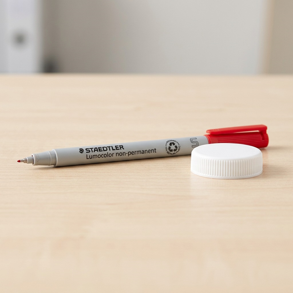 Product shot of a STAEDTLER non-permanent red marker next to a standard plastic bottle cap.
