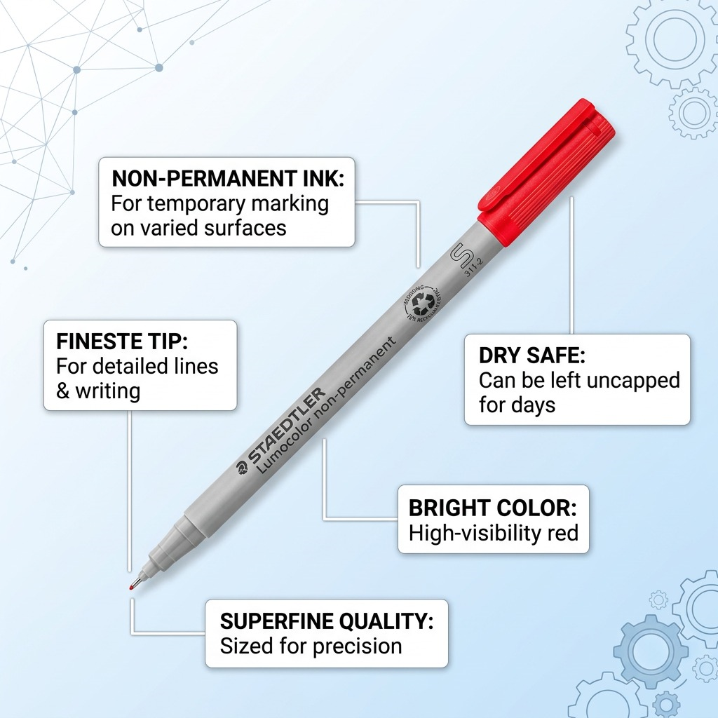 STAEDTLER Lumocolor non-permanent marker with callouts: non-permanent, fine tip, DRY SAFE, bright red.