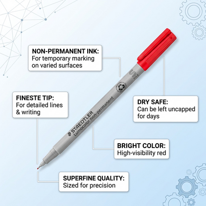 STAEDTLER Lumocolor non-permanent marker with callouts: non-permanent, fine tip, DRY SAFE, bright red.