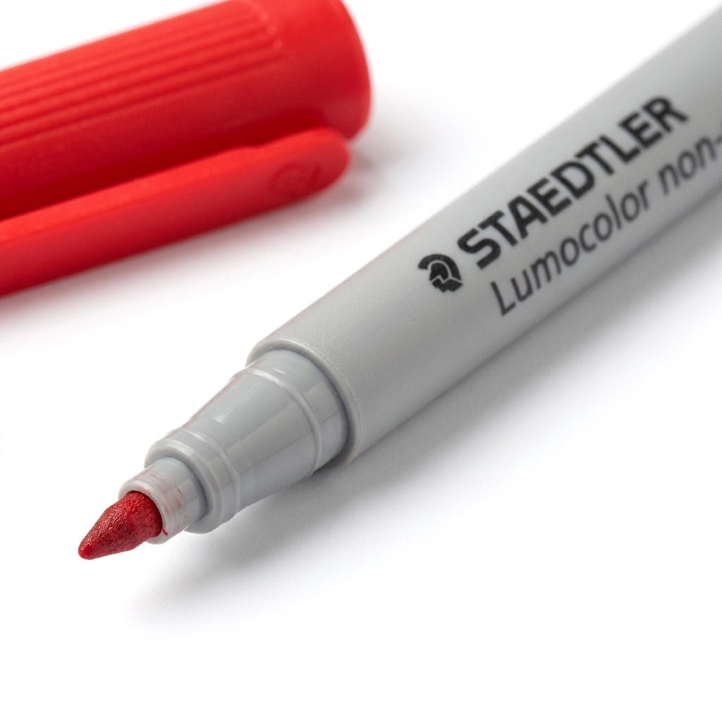 Macro close-up of a Staedtler felt tip marker: the product model (S code, non-permanent 311) is sharp, the recycling symbol and manufacturer text are detailed. Note the material finish and the red ink tip.