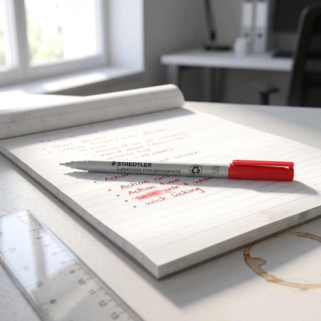 A close-up shot of the red STAEDTLER Lumocolor non-permanent pen in an office environment, resting on a notepad with notes on the page.
