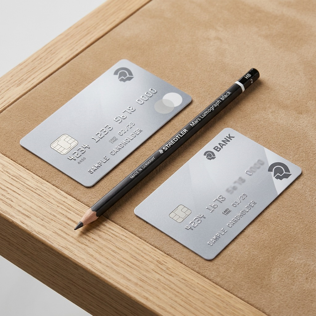 A detailed close-up shot compares the size of a STAEDTLER Mars Lumograph black 2B pencil to the dimensions of a standard plastic credit card on a clean studio surface.