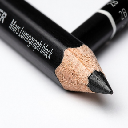 Extreme macro detail of a Staedtler Mars Lumograph Black 2B pencil tip showing lead and wood texture.