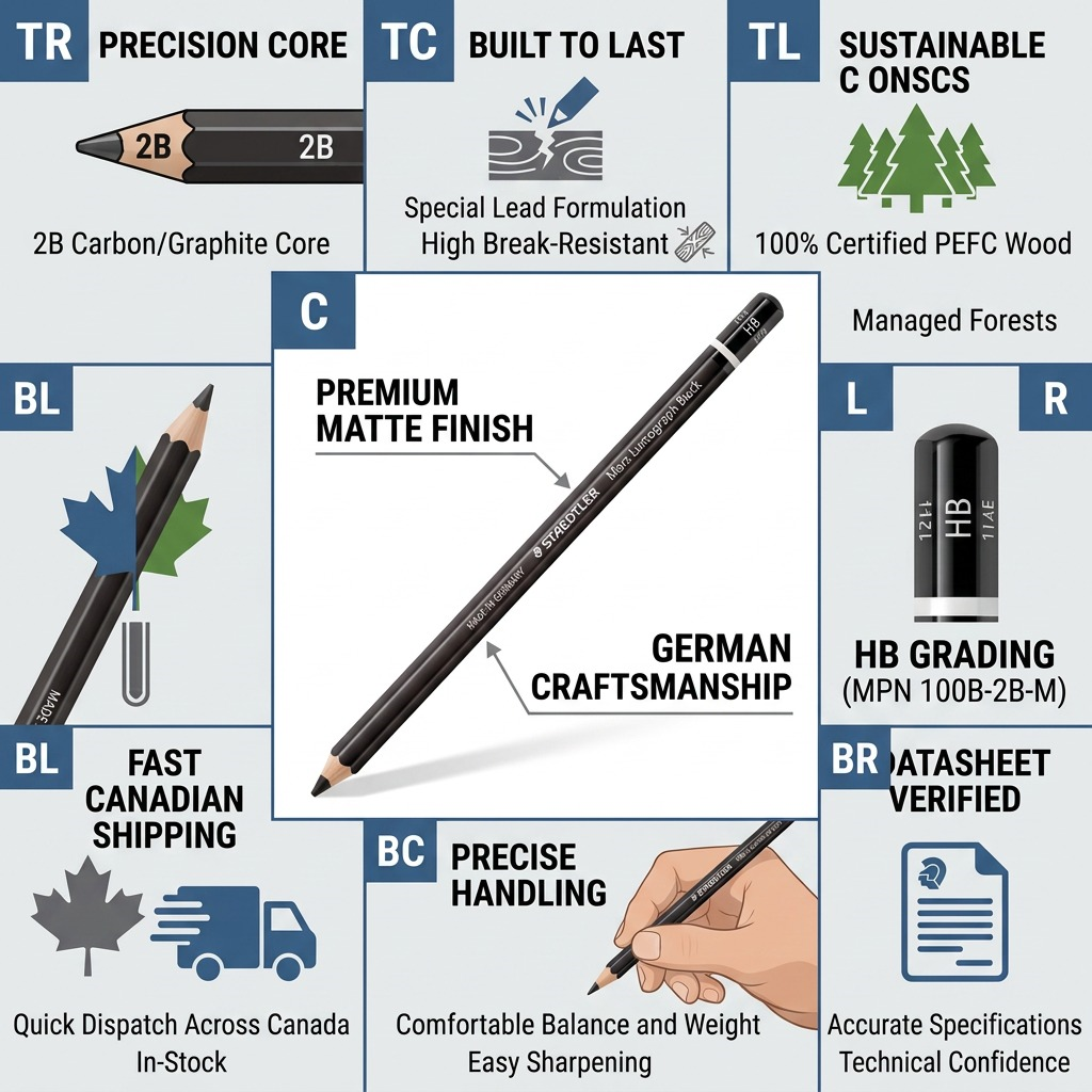 An infographic for the STAEDTLER Mars Lumograph Black 2B pencil, highlighting features, materials, and fast Canadian shipping.