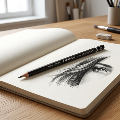 A Staedtler Mars Lumograph Black 2B pencil sharply renders realistic eye and hair textures in a sketchbook on a wood desk.