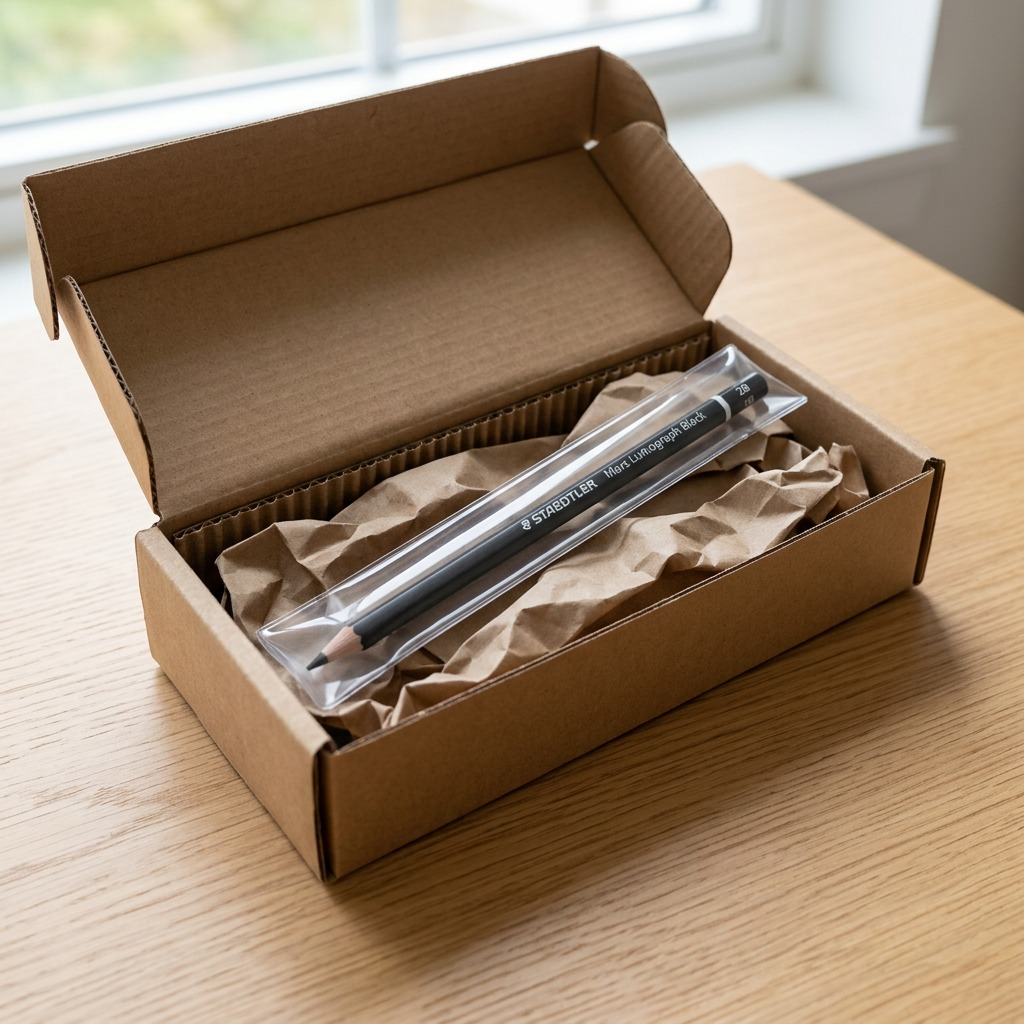A realistic image of the pencil from image_0.png, protected inside a plain, secure shipping sleeve and cardboard box.