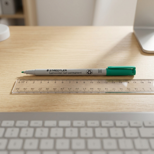 A photograph showing the STAEDTLER Lumocolor non-permanent marker (MPN: 315-5-10) scaled alongside a standard 30cm ruler.