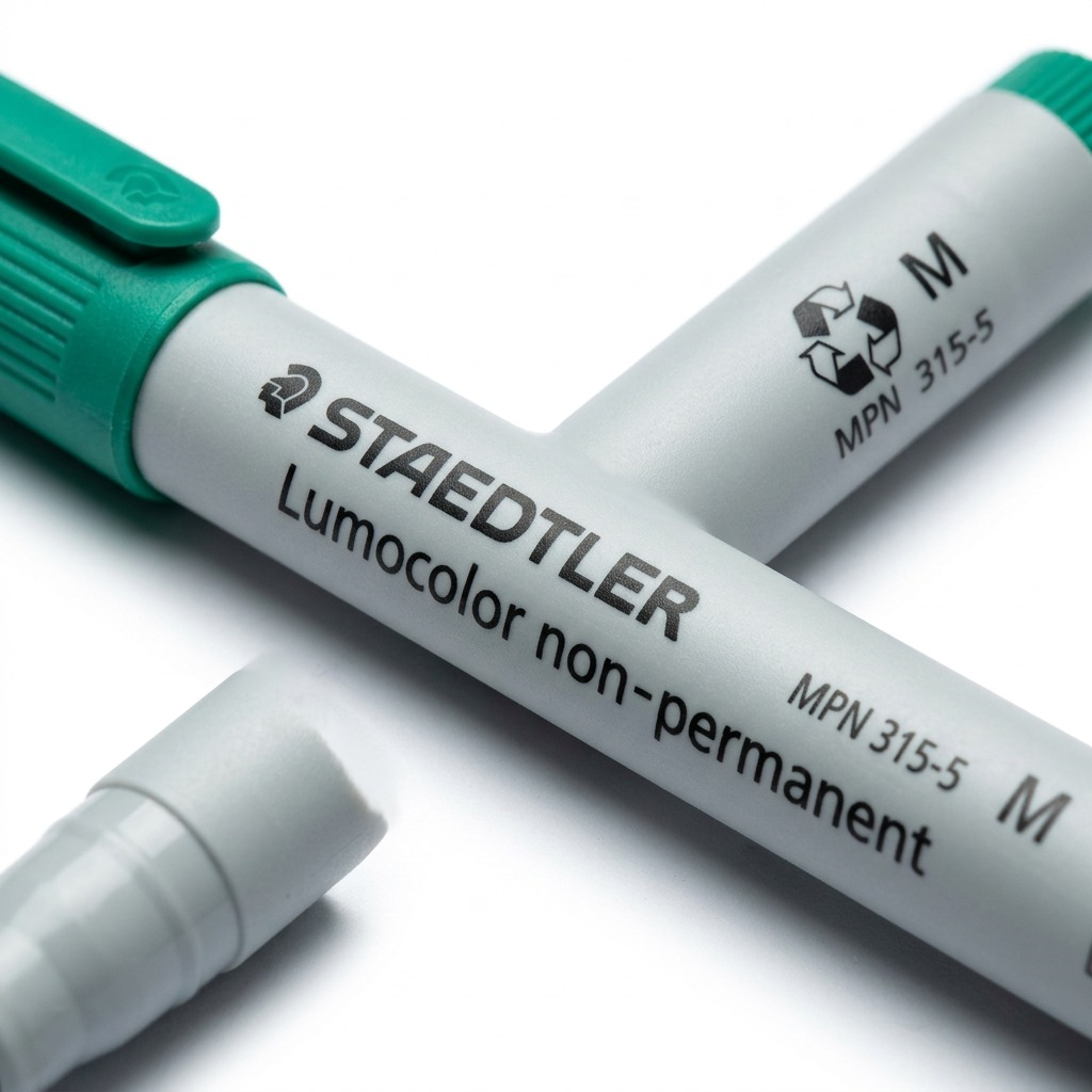 Macro view showing detailed print of STAEDTLER logo and Lumocolor non-permanent on marker barrel.