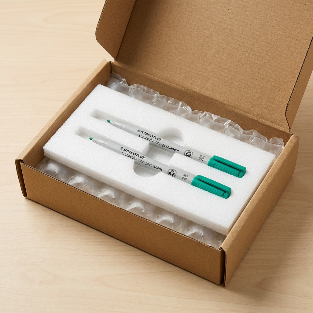 A detailed, realistic photo showing two STAEDTLER Lumocolor non-permanent medium green markers, as seen in image_0.png, resting securely inside protective bubble wrap cushions within a sturdy cardboard shipping box. One marker lies parallel, and the other is slightly angled. Natural light illuminates the secure packaging.