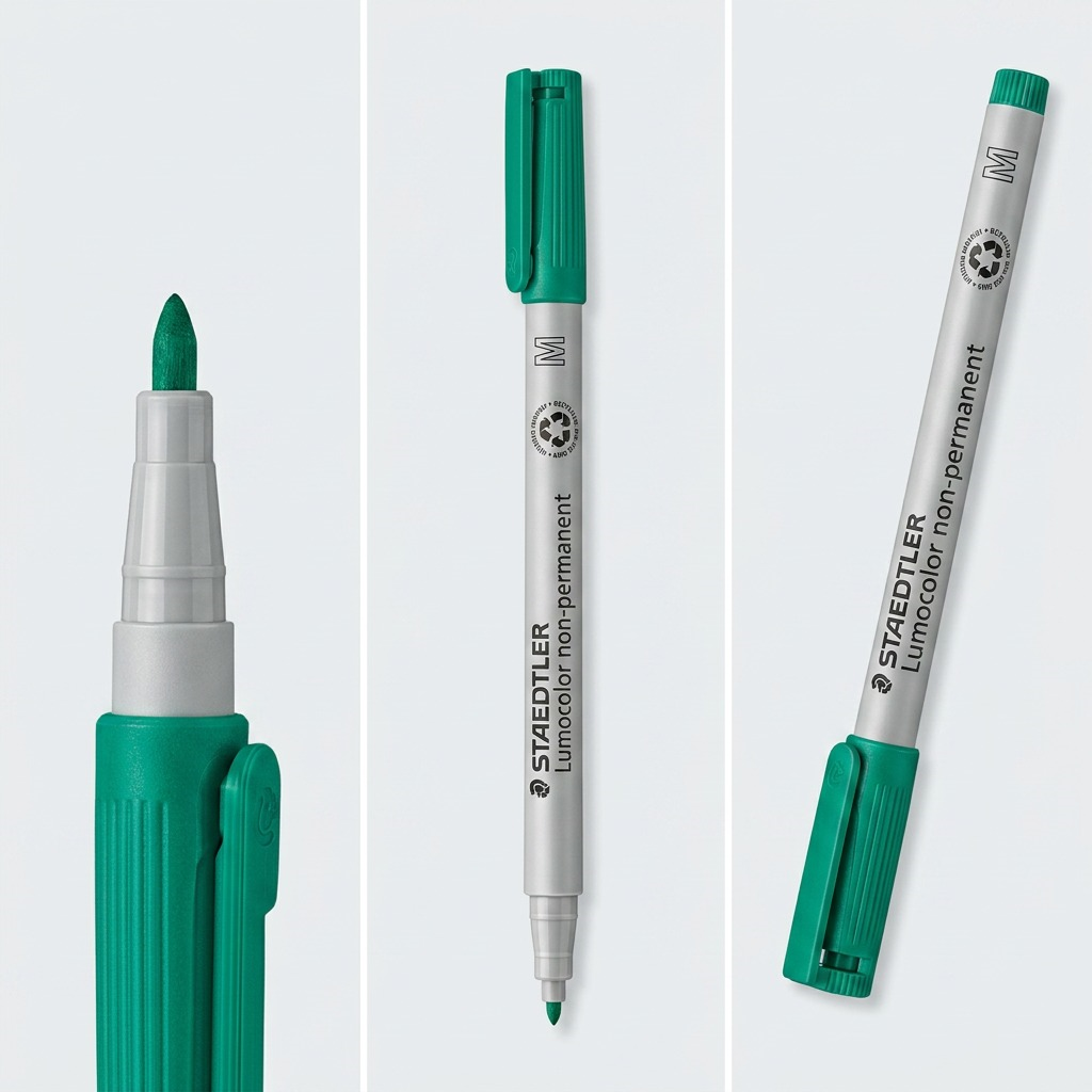 A premium ecommerce 3x1 matrix displaying the STAEDTLER Lumocolor non-permanent medium green marker from three distinct, useful angles. The views include a close-up of the tip, a full side profile, and a three-quarter view from the end. All images show accurate product geometry, labeling, and coloring. No on-image text or logos. Clean studio background with light gradient.