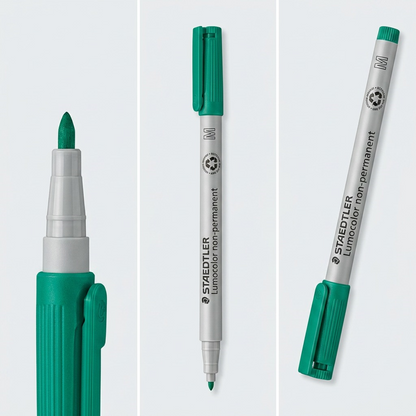 A premium ecommerce 3x1 matrix displaying the STAEDTLER Lumocolor non-permanent medium green marker from three distinct, useful angles. The views include a close-up of the tip, a full side profile, and a three-quarter view from the end. All images show accurate product geometry, labeling, and coloring. No on-image text or logos. Clean studio background with light gradient.
