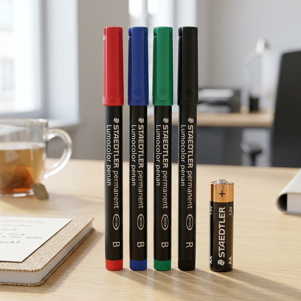 A comparison shot showing the STAEDTLER Lumocolor permanent pens standing upright next to a standard AA battery on a light-colored wooden desk.