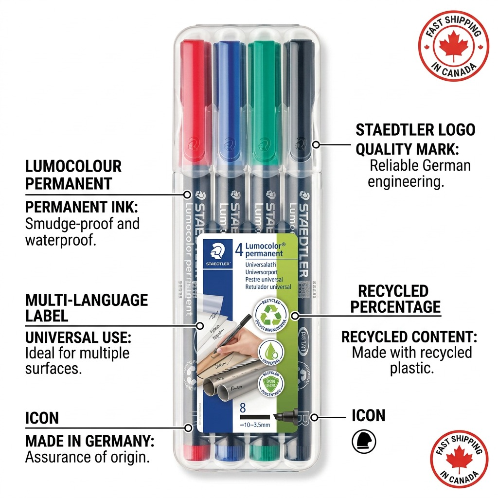 Product feature graphic highlighting LumocolorPermanent ink and key operational benefits.