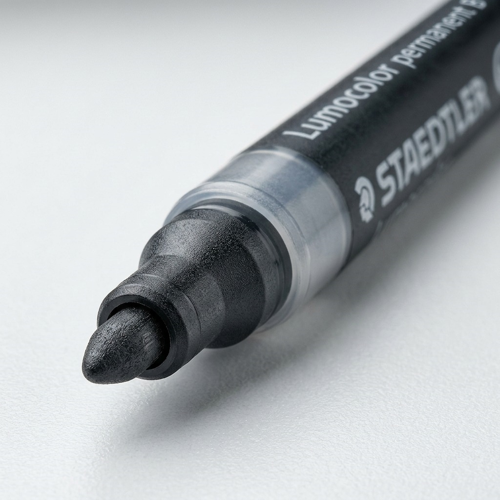 A micro-macro detail shot of the B-tip and printed barrel of a single STAEDTLER permanent marker.