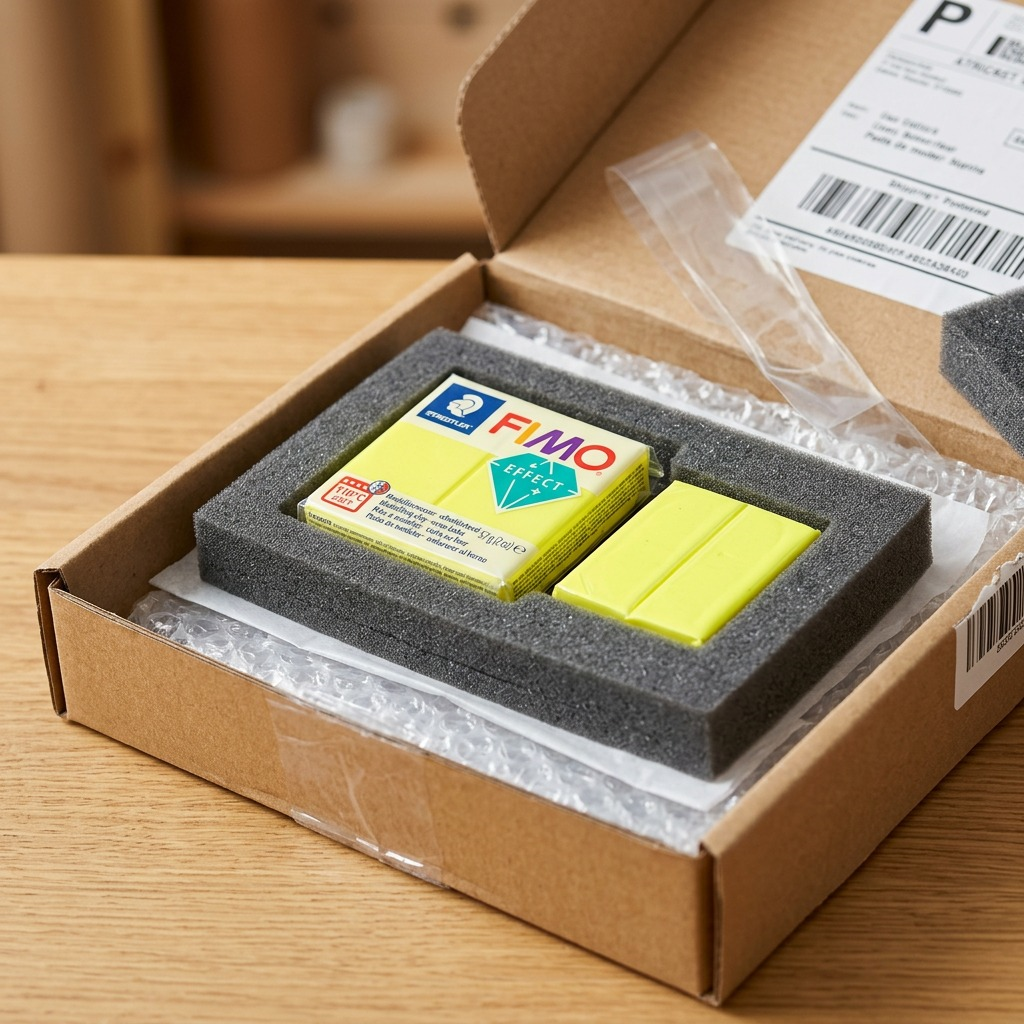 Staedtler Fimo Fimo Effect clay block in protective foam and cardboard for safe delivery.