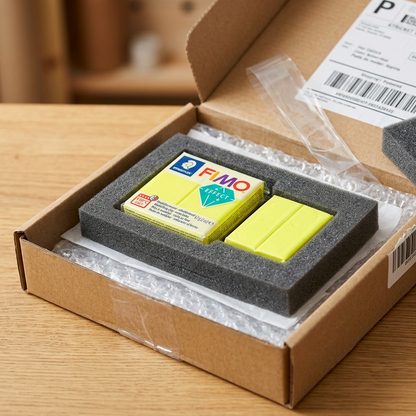 Staedtler Fimo Fimo Effect clay block in protective foam and cardboard for safe delivery.