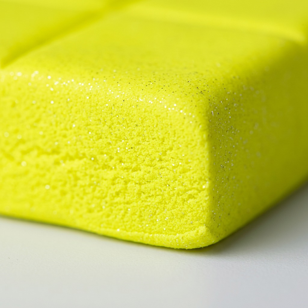 Extreme close-up of neon yellow Fimo Effect modeling clay, showing fine glitter texture.