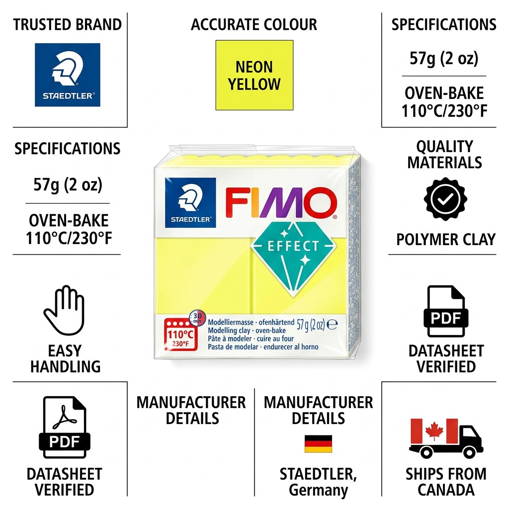An infographic for STAEDTLER FIMO Effect clay featuring the product, quality icons, and Canadian shipping.