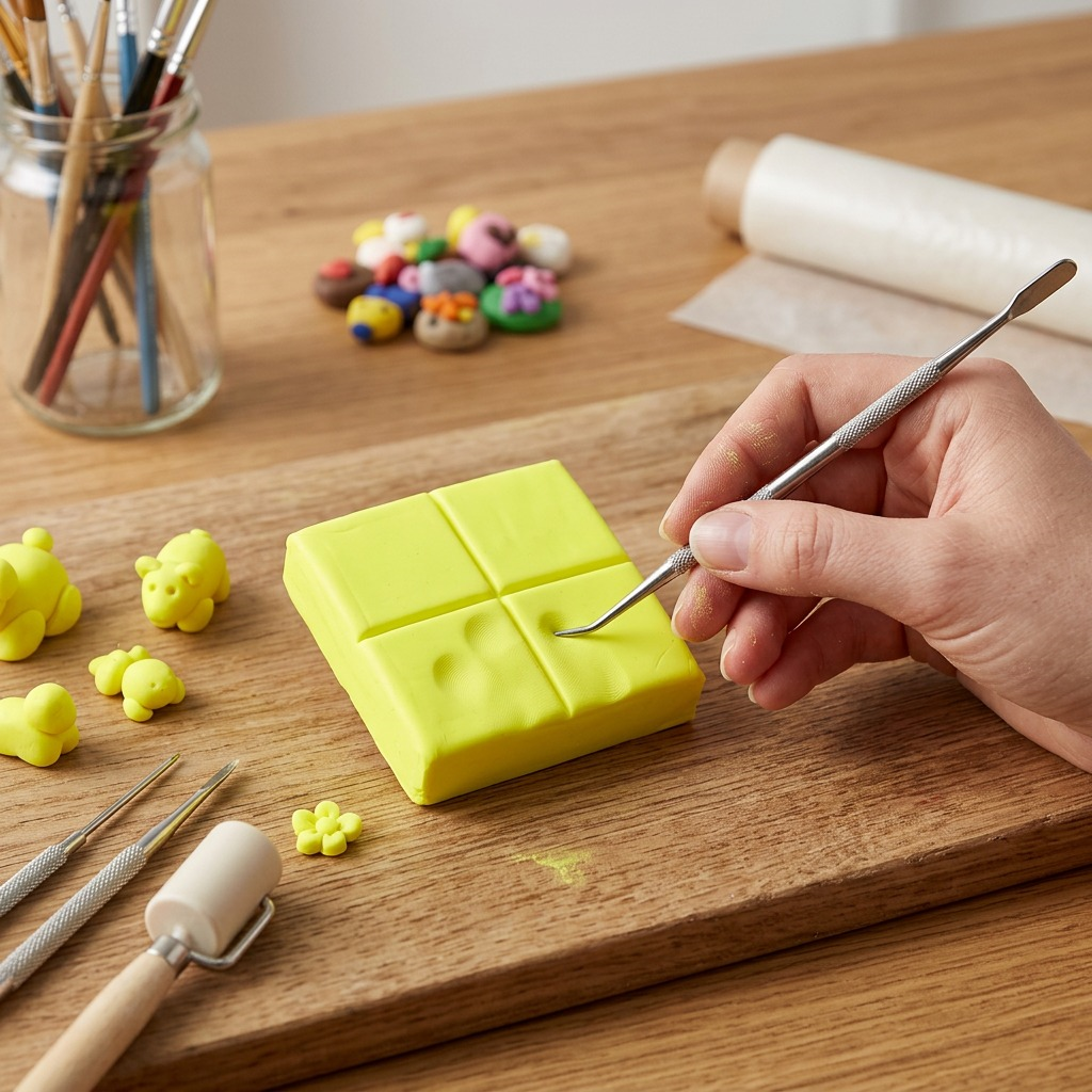 A macro photo shows a crafting hand sculpting a miniature Fimo Effect Neon Yellow duck with a dental tool, detailed fingerprints, and glowing color on a wooden desk.