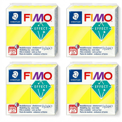 A grid displaying the STAEDTLER Fimo Effect Neon Yellow 57g modelling clay pack from four identical front angles on a clean white background.