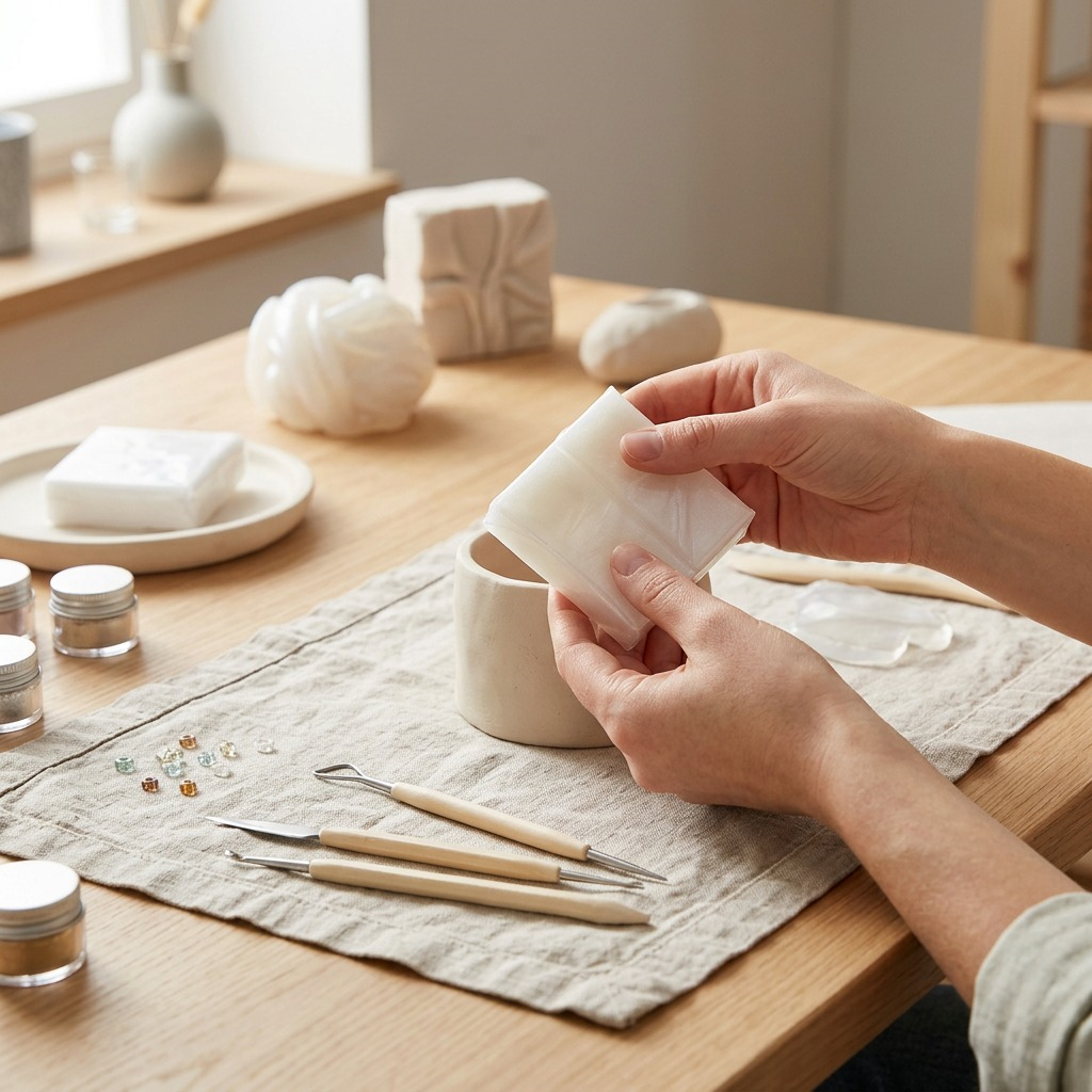 A product lifestyle photograph featuring a piece of Fimo Effect Translucent clay (without packaging) being hand-sculpted.