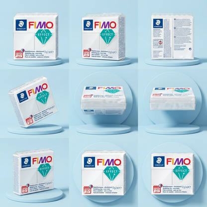 A 3x2 matrix showcasing a FIMO Effect 57g translucent clay block from six different precise angles on a clean, light blue product page.