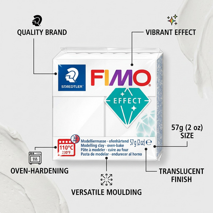 Fimo Effect Translucent clay with callouts highlighting effect style, oven bake temp, and 57g weight.