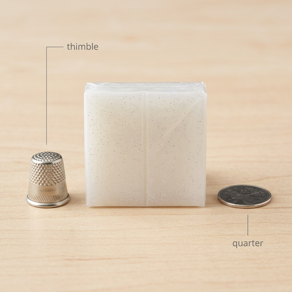 A close-up photograph comparing the Fimo Effect Translucent clay block (image\_0.png) with a standard metal sewing thimble, demonstrating its small, 2-ounce size on a work desk.