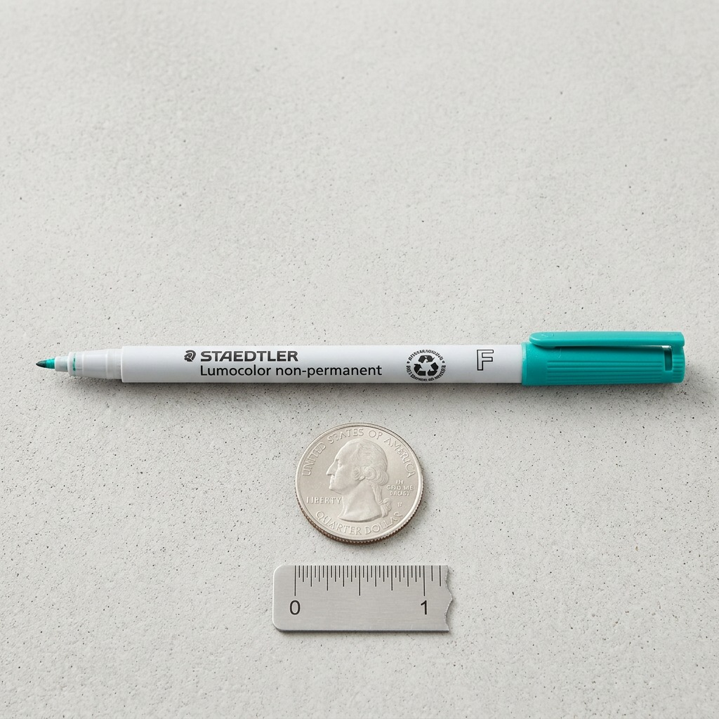 A STAEDTLER fine green pen next to a U.S. quarter and a small metal ruler on a grey surface.