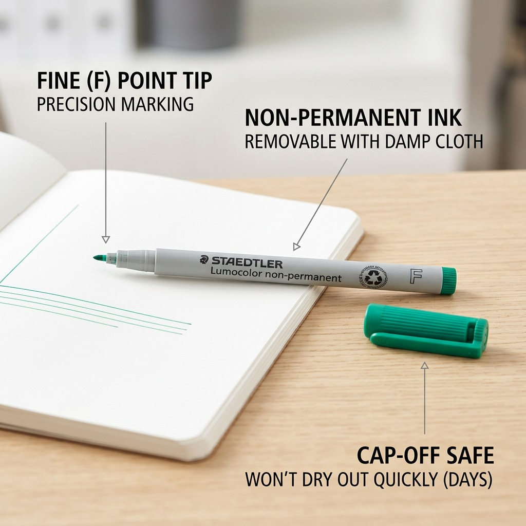 STAEDTLER Lumocolor 316-5 marker feature graphic: Fine tip, non-permanent ink, and cap-off safe.