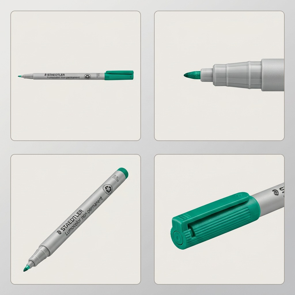 A clean grid matrix displaying the green STAEDTLER Lumocolor maker (316-5) from four different viewing angles.
