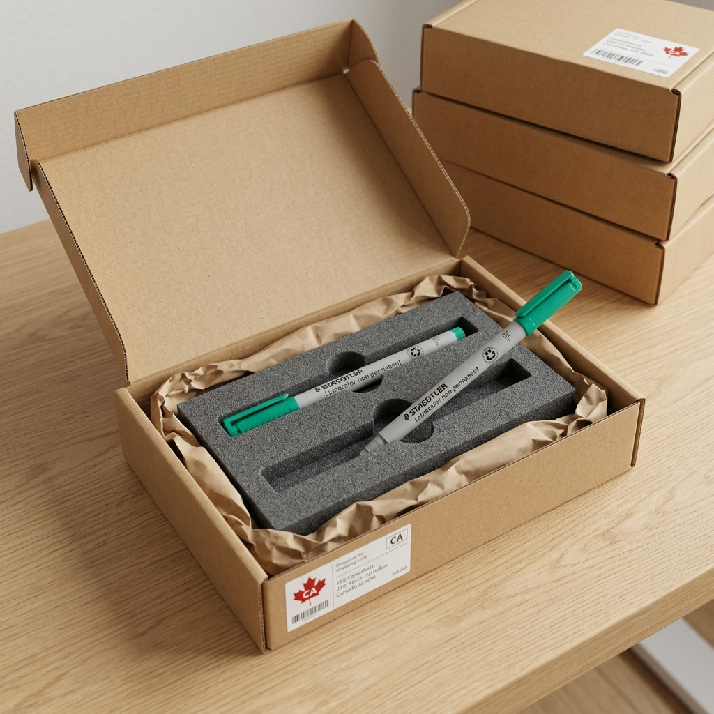 A premium unboxing view showing two specific Staedtler 316-5 fine green markers nestled in die-cut foam within a shipping box, ensuring safety.