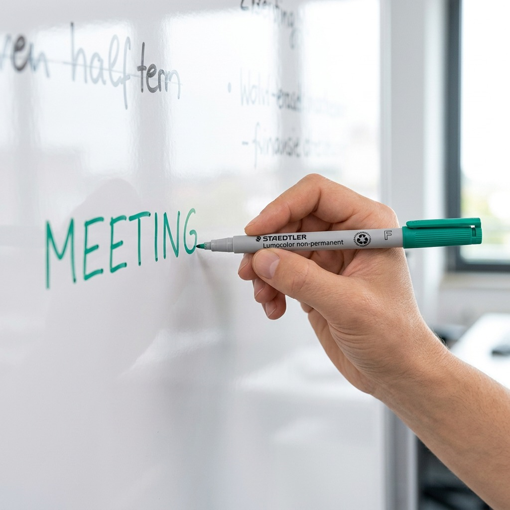 A photo of the green Lumocolor non-permanent marker (fine) being used on a whiteboard to write a note.