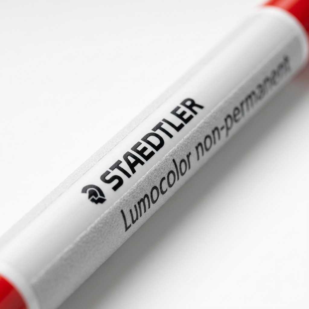Macro shot of the STAEDTLER Lumocolor non-permanent pencil barrel texture and label surface.