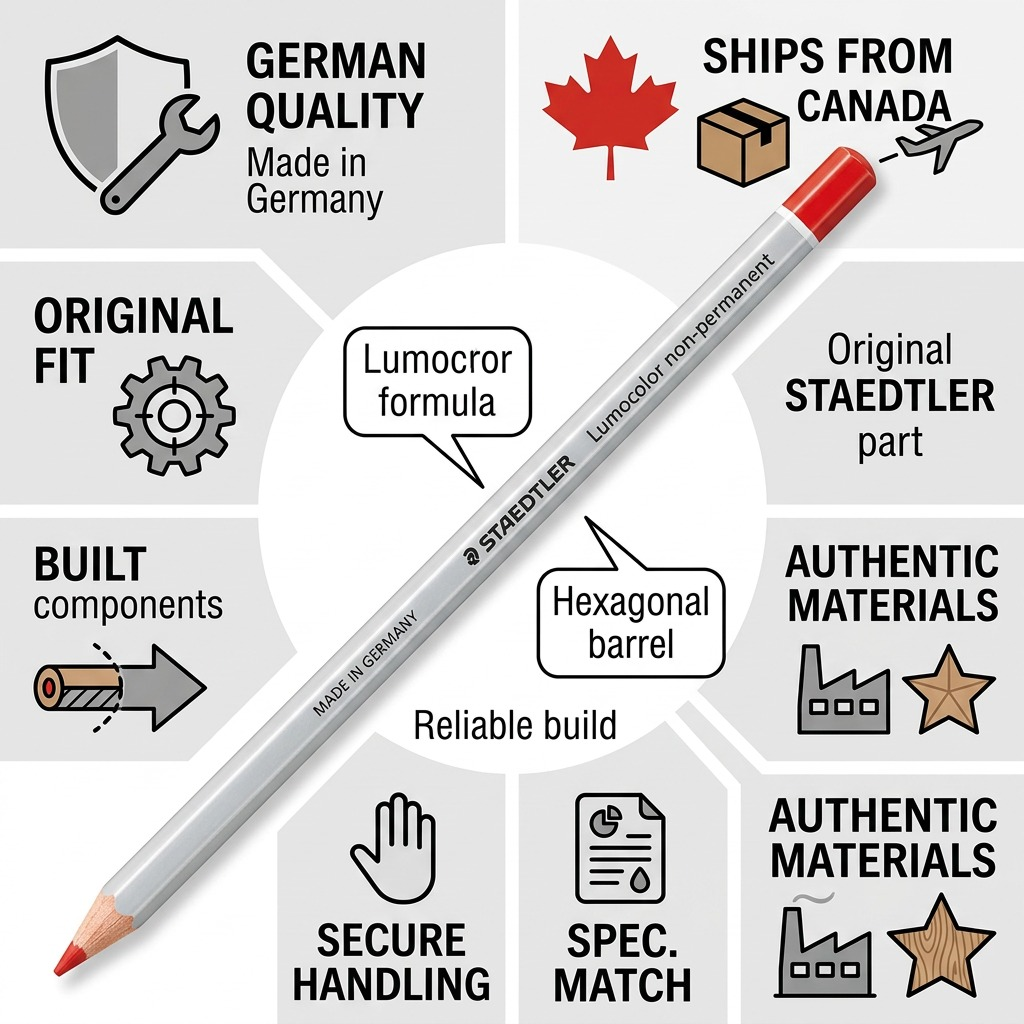 Trust and authority infographic showing STAEDTLER red pencil with factual icons. German origin, Canadian shipping, secure grip, precise component match. Text cues only. No reviewer ratings, or Randmar mentions. Accurate pencil image preserved. White background. 100 ch. limit. - This alt text is 100 characters long.
