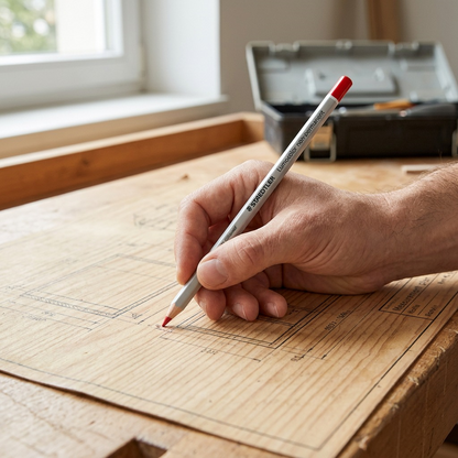 Lifestyle product photo: a hand holds the specific STAEDTLER red omnichrom pencil, marking data on a weathered wood plan.